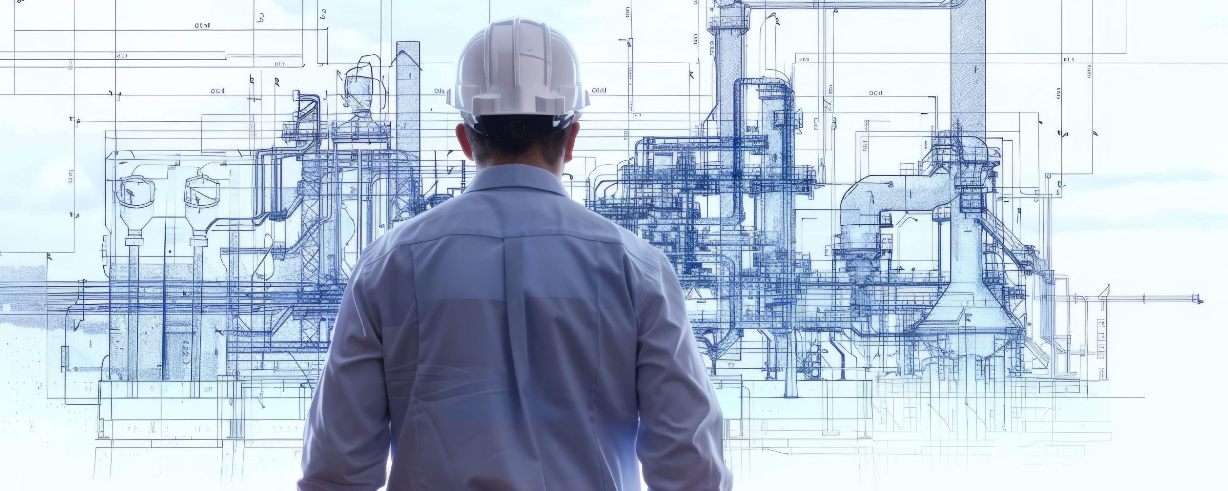 Engineer presenting project plans with white background